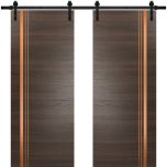 Sturdy Double Barn Door with Hardware | Planum 1010 Chocolate Ash and Aluminum Strips | 13FT Rail Hangers Heavy Set | Modern Solid Panel Interior Doors