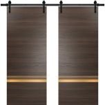 Sturdy Double Barn Door with Hardware | Planum 2010 Chocolate Ash and Aluminum Strips | 13FT Rail Hangers Heavy Set | Modern Solid Panel Interior Doors