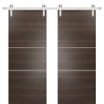 Sturdy Double Barn Door with Hardware | Planum 0110 Chocolate Ash and Aluminum Strips | Silver 13FT Rail Hangers Heavy Set | Modern Solid Panel Interior Doors