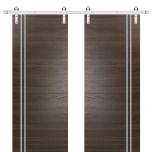 Sturdy Double Barn Door with Hardware | Planum 0310 Chocolate Ash and Aluminum Strips | Silver 13FT Rail Hangers Heavy Set | Modern Solid Panel Interior Doors