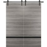 Sturdy Double Barn Door with Hardware | Planum 0012 Ginger Ash and Aluminum Strips | 13FT Rail Hangers Heavy Set | Modern Solid Panel Interior Doors