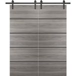 Sturdy Double Barn Door with Hardware | Planum 0015 Ginger Ash and Aluminum Strips | Silver 13FT Rail Hangers Heavy Set | Modern Solid Panel Interior Doors