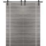 Sturdy Double Barn Door with Hardware | Planum 0310 Ginger Ash and Aluminum Strips | 13FT Rail Hangers Heavy Set | Modern Solid Panel Interior Doors