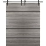 Sturdy Double Barn Door with Hardware | Planum 0015 Ginger Ash and Aluminum Strips | 13FT Rail Hangers Heavy Set | Modern Solid Panel Interior Doors