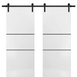 Sturdy Double Barn Door with Hardware | Planum 0014 White Silk and Aluminum Strips | 13FT Rail Hangers Heavy Set | Modern Solid Panel Interior Doors