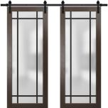 Sturdy Double Barn Door | Planum 2112 Chocolate Ash with Frosted Glass and Aluminum Strips | 13FT Rail Hangers Heavy Set | Modern Solid Panel Interior Doors