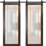 Sturdy Double Barn Door | Planum 2113 Chocolate Ash with Frosted Glass and Aluminum Strips | 13FT Rail Hangers Heavy Set | Modern Solid Panel Interior Doors