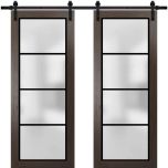 Sturdy Double Barn Door | Planum 2132 Chocolate Ash with Frosted Glass and Aluminum Strips | 13FT Rail Hangers Heavy Set | Modern Solid Panel Interior Doors