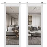 Planum 2102 Interior Modern Closet Double Barn Doors White Silk with Black Hardware Rails 13FT