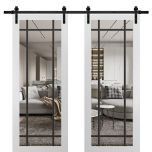 Sturdy Double Barn Door | Lucia 2266 White Silk with Clear Glass and Aluminum Strips | 13FT Rail Hangers Heavy Set | Solid Panel Interior Doors