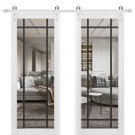 Sturdy Double Barn Door | Lucia 2266 White Silk with Clear Glass and Aluminum Strips | 13FT Rail Hangers Heavy Set | Solid Panel Interior Doors