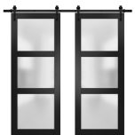 Sturdy Double Barn Door | Lucia 2552 Matte Black with Frosted Glass | 13FT Rail Hangers Heavy Set | Solid Panel Interior Doors