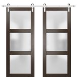 Sturdy Double Barn Door | Lucia 2552 Chocolate Ash with Frosted Glass | Silver 13FT Rail Hangers Heavy Set | Solid Panel Interior Doors