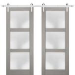 Sturdy Double Barn Door | Lucia 2552 Ginger Ash with Frosted Glass | 13FT Silver Rail Hangers Heavy Set | Solid Panel Interior Doors