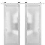 Planum 2102 Interior Modern Closet Double Barn Doors White Silk with Black Hardware Rails 13FT