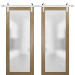 Sturdy Double Barn Door | Planum 2102 Honey Ash with Frosted Glass | 13FT Silver Rail Hangers Heavy Set | Modern Solid Panel Interior Doors