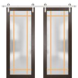 Sturdy Double Barn Door | Planum 2113 Chocolate Ash with Frosted Glass and Aluminum Strips | 13FT Silver Rail Hangers Heavy Set | Modern Solid Panel Interior Doors