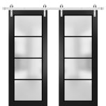 Sturdy Double Barn Door | Planum 2132 Matte Black with Frosted Glass and Aluminum Strips | 13FT Silver Rail Hangers Heavy Set | Modern Solid Panel Interior Doors