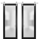 Sturdy Double Barn Door | Planum 2102 Matte Black with Frosted Glass | 13FT Silver Rail Hangers Heavy Set | Modern Solid Panel Interior Doors