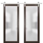 Planum 2102 Interior Modern Closet Double Barn Doors Chocolate Ash with Black Hardware Rails 13FT