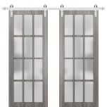 Sturdy Double Barn Door 12 Lites | Felicia 3312 Ginger Ash Grey with Frosted Glass | Silver 13FT Rail Hangers Heavy Set | Solid Panel Interior Doors