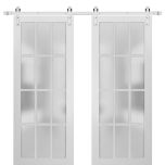 Sturdy Double Barn Door with Clear Frosted 12 lites with Frosted Glass | Felicia 3312 Matte White | 13FT Rail Hangers Heavy Set | Solid Panel Interior Doors