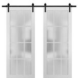 Sturdy Double Barn Door with Frosted Glass 12 Lites | Felicia 3312 Matte White | 13FT Rail Hangers Heavy Set | Solid Panel Interior Doors-36" x 80" (2* 18x80)