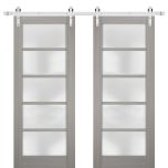 Sturdy Double Barn Door | Quadro 4002 Ginger Ash with Frosted Glass | Silver 13FT Rail Hangers Heavy Set | Solid Panel Interior Doors