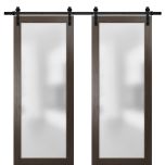 Planum 2102 Interior Modern Closet Double Barn Doors Chocolate Ash with Black Hardware Rails 13FT