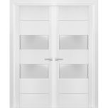 Solid French Double Doors 2 lites | Lucia 4010 White Silk with Frosted Glass | Wood Solid Panel Frame Trims | Closet Bedroom Sturdy Doors 