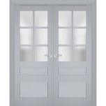 Interior Solid French Double Doors | Veregio 7339 Matte Grey with Frosted Glass | Wood Solid Panel Frame Trims | Closet Bedroom Sturdy Doors 