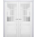 Interior Solid French Double Doors | Veregio 7339 White Silk with Frosted Glass | Wood Solid Panel Frame Trims | Closet Bedroom Sturdy Doors 