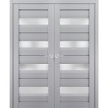 Interior Solid French Double Doors | Veregio 7455 Matte Grey with Frosted Glass | Wood Solid Panel Frame Trims | Closet Bedroom Sturdy Doors 