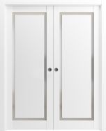 Modern Double Pocket Doors | Planum 0888 Painted White with Frosted Glass | Kit Trims Rail Hardware | Solid Wood Interior Bedroom Sliding Closet Sturdy Door-36" x 80" (2* 18x80)