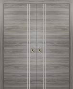 Sliding Double Pocket Door with Frames | Planum 0310 Ginger Ash and Aluminum Strips | Kit Trims Rail Hardware | Solid Wood Interior Bedroom Bathroom Closet Sturdy Doors