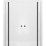 Sliding Double Pocket Door with Frames | Planum 0011 White Silk and Aluminum Strips | Kit Trims Rail Hardware | Solid Wood Interior Bedroom Bathroom Closet Sturdy Doors