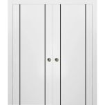 Sliding Double Pocket Door with Frames | Planum 0017 White Silk and Aluminum Strips | Kit Trims Rail Hardware | Solid Wood Interior Bedroom Bathroom Closet Sturdy Doors -36" x 80" (2* 18x80)