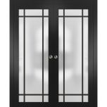 Sliding Double Pocket Door Frosted Tempered Glass | Planum 2112 Black Matte with Frosted Glass and Aluminum Strips | Kit Trims Rail Hardware | Solid Wood Interior Bedroom Bathroom Closet Sturdy Doors