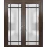 Sliding French Double Pocket Doors | Planum 2112 Chocolate Ash with Frosted Glass and Aluminum Strips | Kit Trims Rail Hardware | Solid Wood Interior Bedroom Sturdy Doors