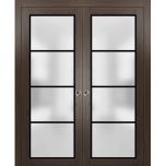 Sliding French Double Pocket Doors | Planum 2132 Chocolate Ash with Frosted Glass and Aluminum Strips | Kit Trims Rail Hardware | Solid Wood Interior Bedroom Sturdy Doors