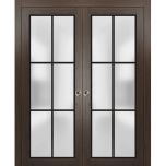 Sliding French Double Pocket Doors | Planum 2122 Chocolate Ash with Frosted Glass and Aluminum Strips | Kit Trims Rail Hardware | Solid Wood Interior Bedroom Sturdy Doors