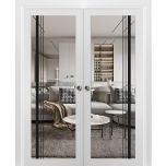 Sliding Double Pocket Door | Lucia 2566 White Silk with Clear Glass and Aluminum Strips | Kit Trims Rail Hardware | Solid Wood Interior Bedroom Bathroom Closet Sturdy Doors