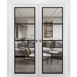 Sliding Double Pocket Door | Lucia 2466 White Silk with Clear Glass and Aluminum Strips | Kit Trims Rail Hardware | Solid Wood Interior Bedroom Bathroom Closet Sturdy Doors