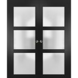 Sliding French Double Pocket Doors | Lucia 2552 Matte Black with Frosted Glass | Kit Trims Rail Hardware | Solid Wood Interior Bedroom Sturdy Doors