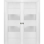 Sliding French Double Pocket Doors 2 lites | Lucia 4010 White Silk with Frosted Glass | Kit Trims Rail Hardware | Solid Wood Interior Bedroom Sturdy Doors