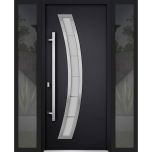 Front Exterior Prehung Steel Door / Deux 6500 Black / 2 Sidelight Exterior Windows / Stainless Inserts Single Modern Painted-W12+36+12" x H80"-Right-hand Inswing