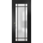 Sliding Pocket Door with Frosted Tempered Glass | Planum 2112 Matte Black with Frosted Glass and Aluminum Strips | Kit Trims Rail Hardware | Solid Wood Interior Bedroom Bathroom Closet Sturdy Doors