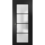 Sliding Pocket Door with Frosted Tempered Glass | Planum 2132 Matte Black with Frosted Glass and Aluminum Strips | Kit Trims Rail Hardware | Solid Wood Interior Bedroom Bathroom Closet Sturdy Doors