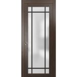 Sliding Pocket Door with Frosted Tempered Glass | Planum 2112 Chocolate Ash with Frosted Glass and Aluminum Strips | Kit Trims Rail Hardware | Solid Wood Interior Bedroom Bathroom Closet Sturdy Doors