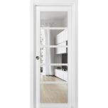 Sliding French Pocket Door | Quadro 4522 White Silk with Clear Glass | Kit Trims Rail Hardware | Solid Wood Interior Bedroom Sturdy Doors